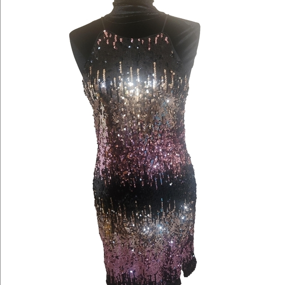 Venus Sequin Halter Dress - Black and Pink - Picture 2 of 5